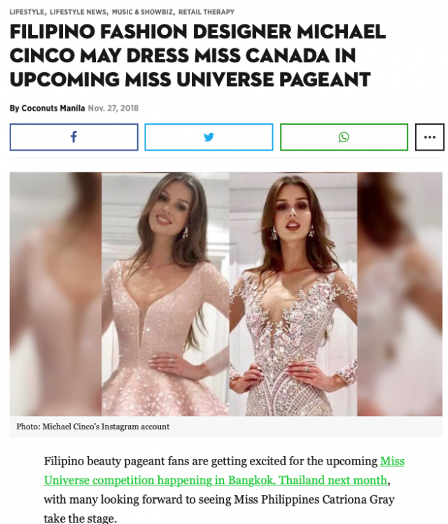 Filipino fashion designer Michael Cinco may dress Miss Canada in